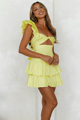 One Shoulder Straps Cutout A-Line Layered Flounced Mini Dresses-Yellow